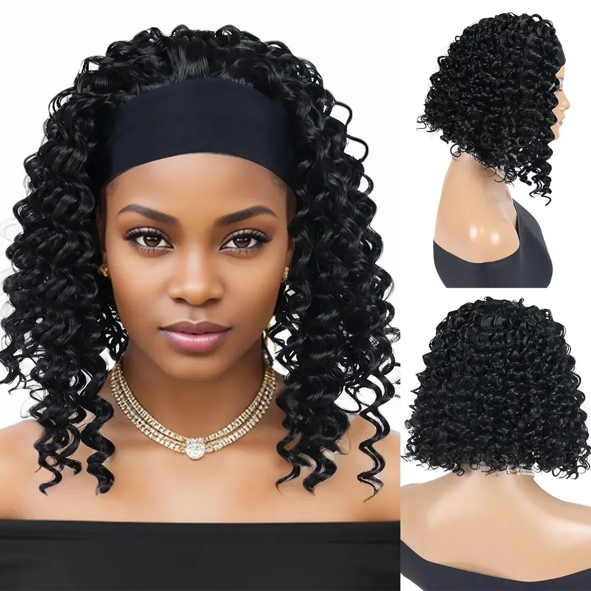 Premium synthetische Stirnband Perücken für Frauen Afro lockige Perücke kurze schwarze Haare volle Perücken Wasserwelle Frisuren weibliche Ersatz Perücke