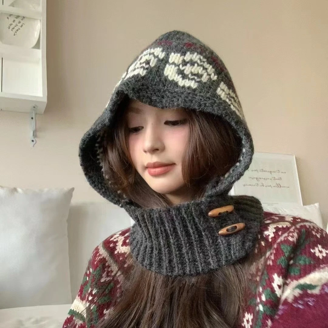كوريا الجنوبية Dongdaemun شراء Ins Style Retro Balaclava محبوك قبعة الصوف قبعة عصرية ومتعددة الاستخدامات