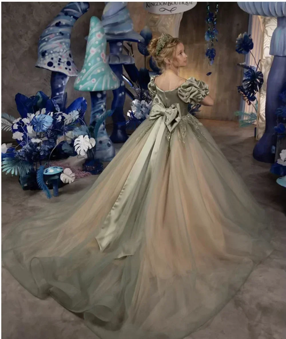 

Оливково-зеленое тюлевое платье с пышными рукавами и цветочным узором для девочек, первый рождественский наряд, наряд для свадебной вечеринки فساتين نس سهرة بن