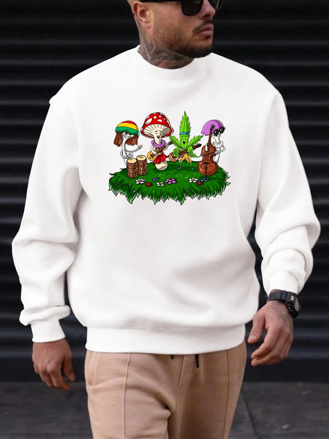 

2025 New Men's Cotton Sweatshirt Mushroom Leaf Band Pattern Printing Round Neck Fashion Casual High Quality Daily Top Clothing