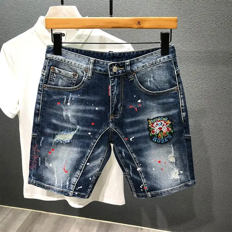 

Men's Short Jeans Pants Blue Embroidery Splicing Male Denim Shorts Summer Korean Fashion Xxxl Harajuku Rude Emo Distressed Xl