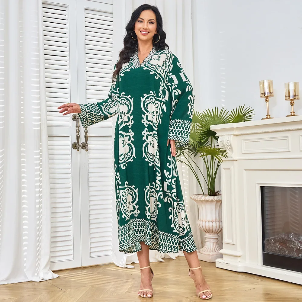 

Американские высококачественные женские классические платья, новый стиль Абая Дубая, мусульманские длинные платья с принтом и бриллиантами.