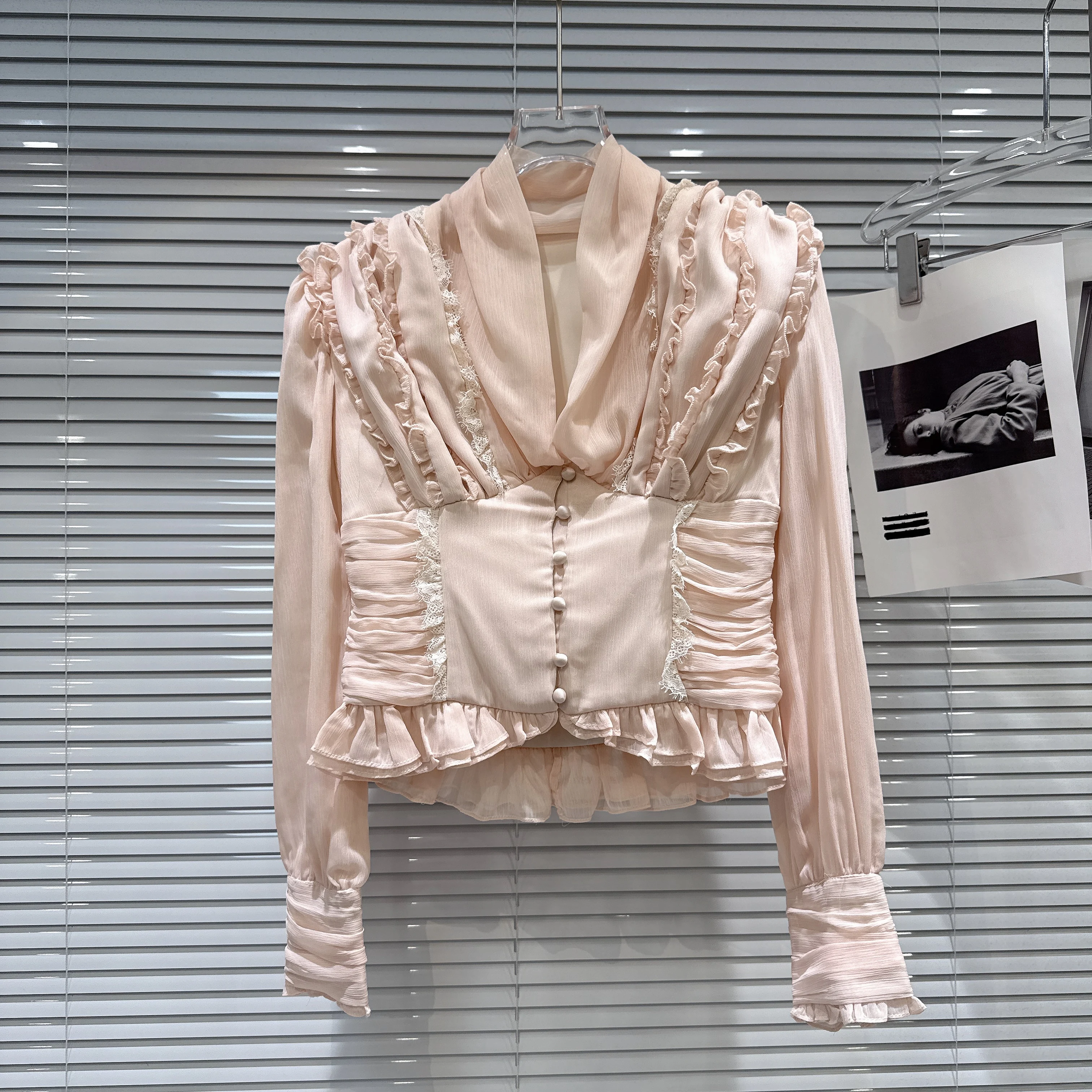 

2025 Winter New Sweet Temperament V-neck Heavy Pleated Edge Waist Design Chiffon Blouse, Ladies Basic Top , Chic Pink Blusas