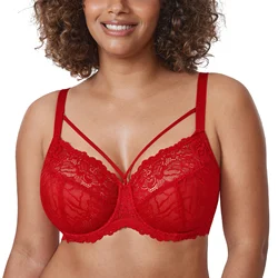 Women's Plus Size Minimizer Bras Full Coverage Unlined Underwire Transparent Mesh Lace Bra B-K Cups