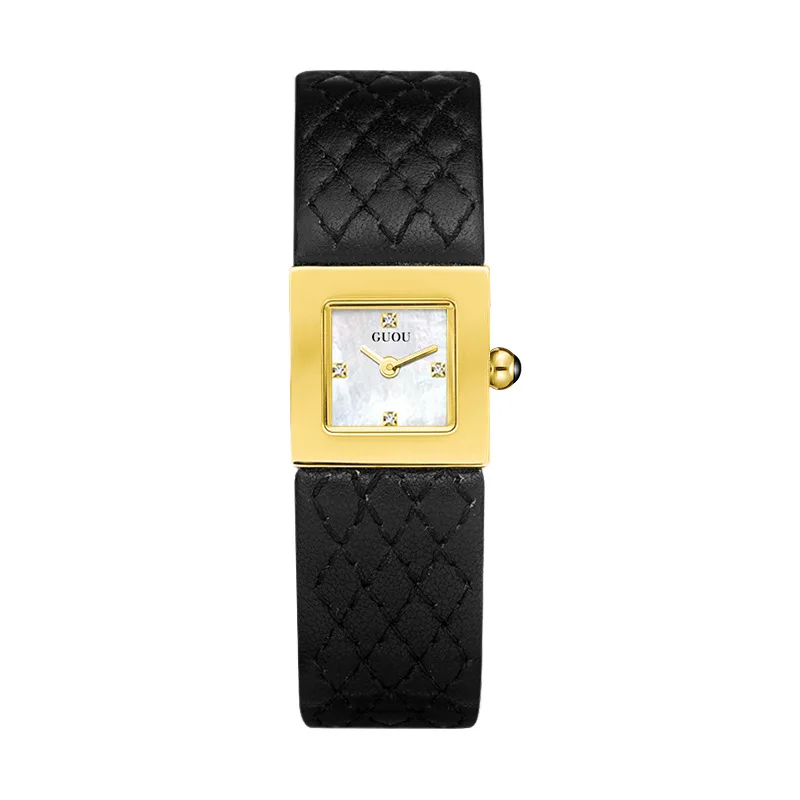 GUOU Women Quartz Watch Luxury Clock Fashion Vintage Orologio Retro Classic Black Gold Square Reloj Ladies Leather Wristwatch