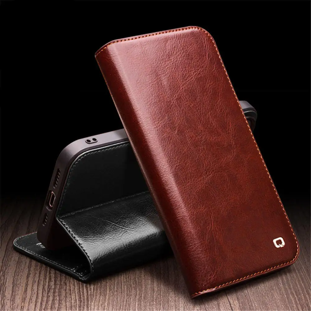 QIALINO Genuine Cowhide Leather Flip Wallet Case for iPhone 13 14 15 Pro Max Card Slot Holder Cover