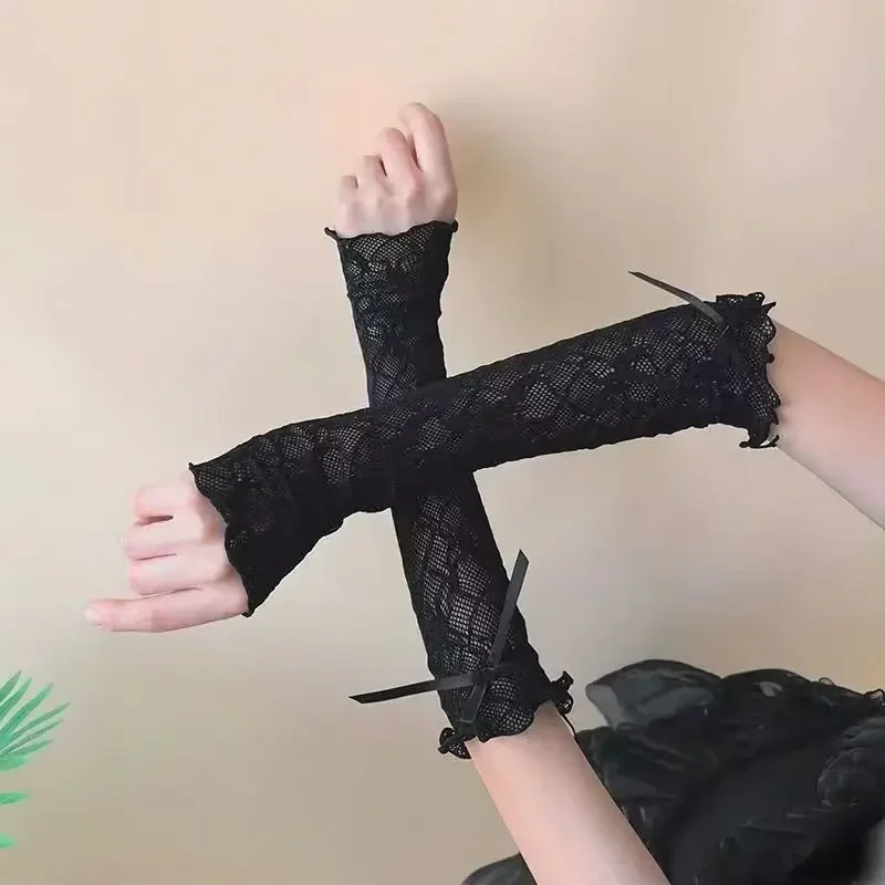 Women Lolita Jk Lace Fingerless Gloves Black Gothic DIY Strapping Sunscreen Sleeve Clothing Accessories Elastic Mesh Cool Gloves