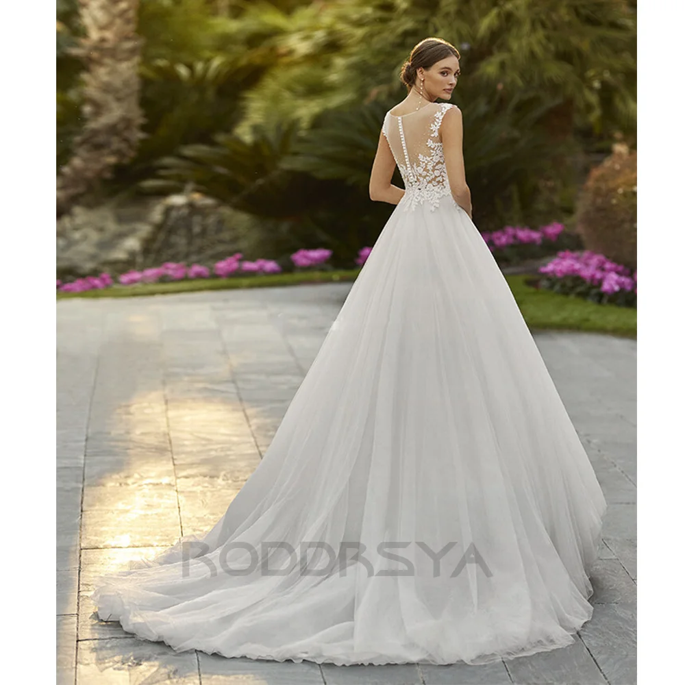 RODDRSYA Boho abito da sposa per le donne 2024 elegante scollo tondo Appliques abito da sposa Illusion Tulle Button Back Vestido De Novia Boho abito da sposa per le donne 2024 elegante scollo tondo Appliques abito da s