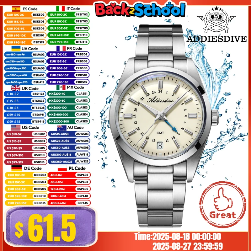 

ADDIESDIVE 36mm Men's Outdoor Watch Calendar Display 10Bar Diver AD2065 Relogios Masculino Sports BGW9 Super Luminous GMT Quartz