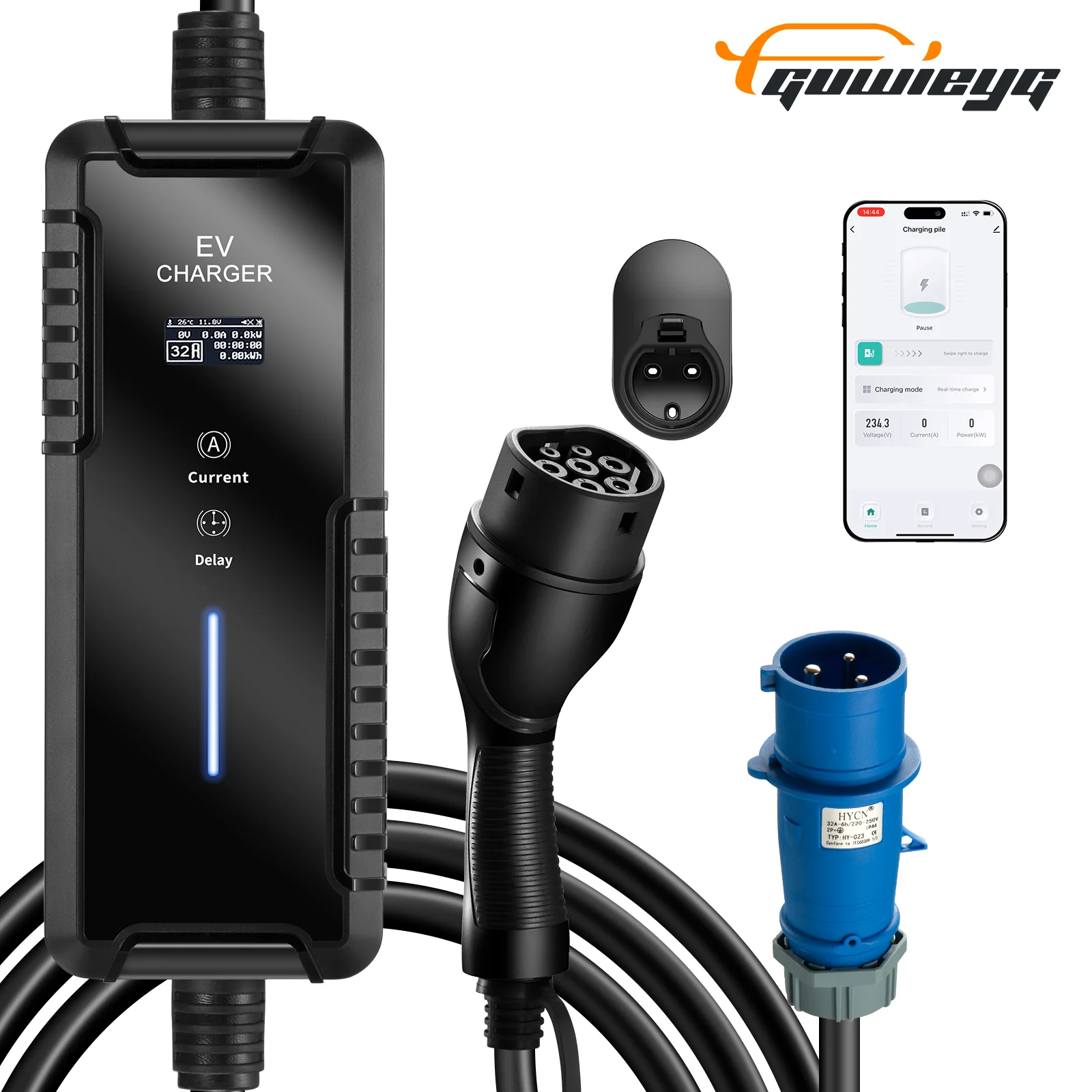 

GUWIEYG Electric Car EV Portable Charger 32A 7KW EVSE Charging Cable Type 2 IEC62196 CEE PlugController Wallbox Delayed Charging