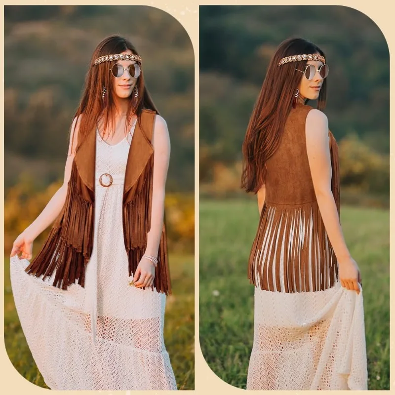 5 Pcs Hippie Costume Accessories for Women,Disco 70s Hippie Outfit Sleeveless Fringe Vest Bohemian Feather Earrings and Headband view 4