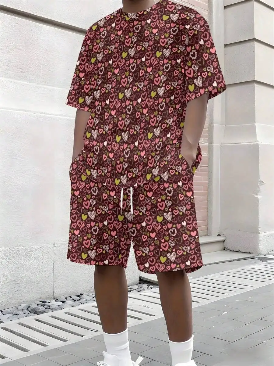 

Burgundy Heart Print Mens Short Sleeve Shorts Set With Drawstring Lightweight Polyester