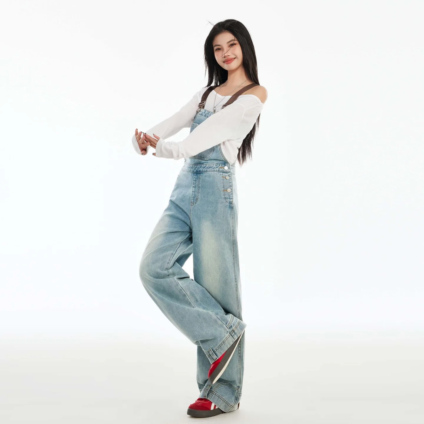 American Youth Style Women Vintage Denim Overalls Inverted Front Pocket Adjustable Strap Wide Leg Floor Y2K Casual Trousers