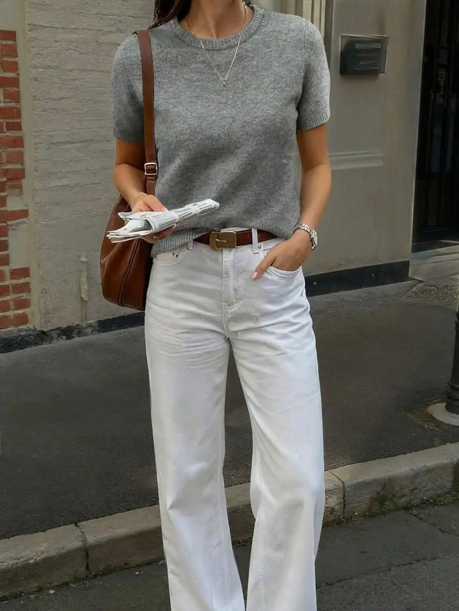 

Gray Short-Sleeve Knit Top for Women, Casual Loose Fit, Spring Autumn Wear