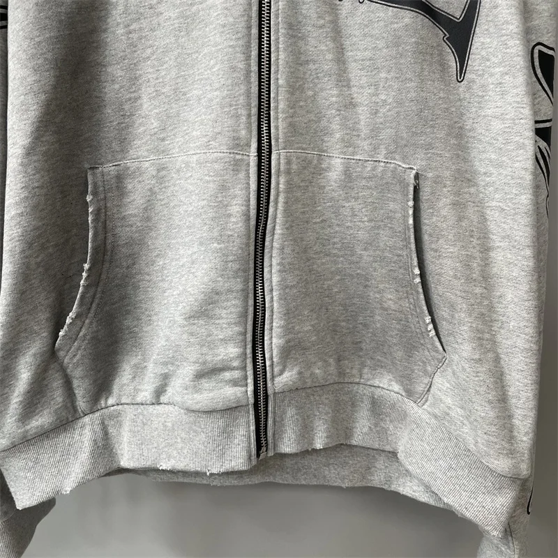 MIXED EMOTION Grey Hoodies Men Women Letter Logo Printing Oversized Zipper Sweatshirt One Day Shipped Out