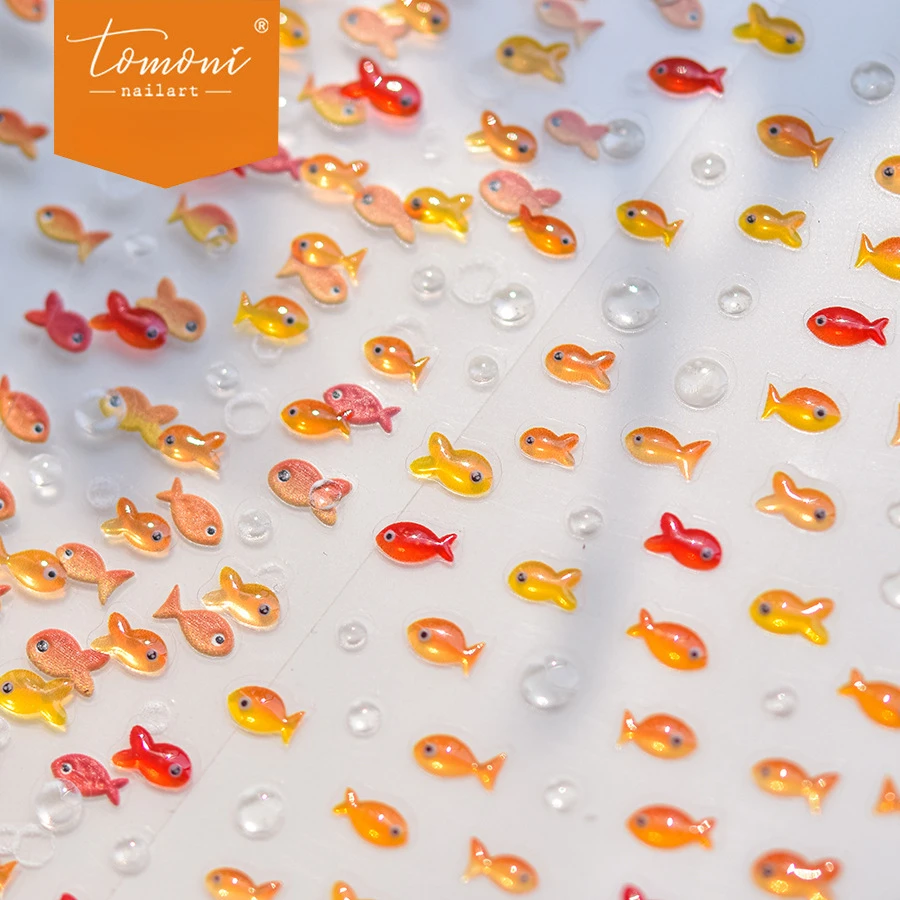 Exquisite Goldfish unhas adesivos, geléia estilo laranja, requintado, em relevo, arte ponta decoração, laranja, bolha Shell luz