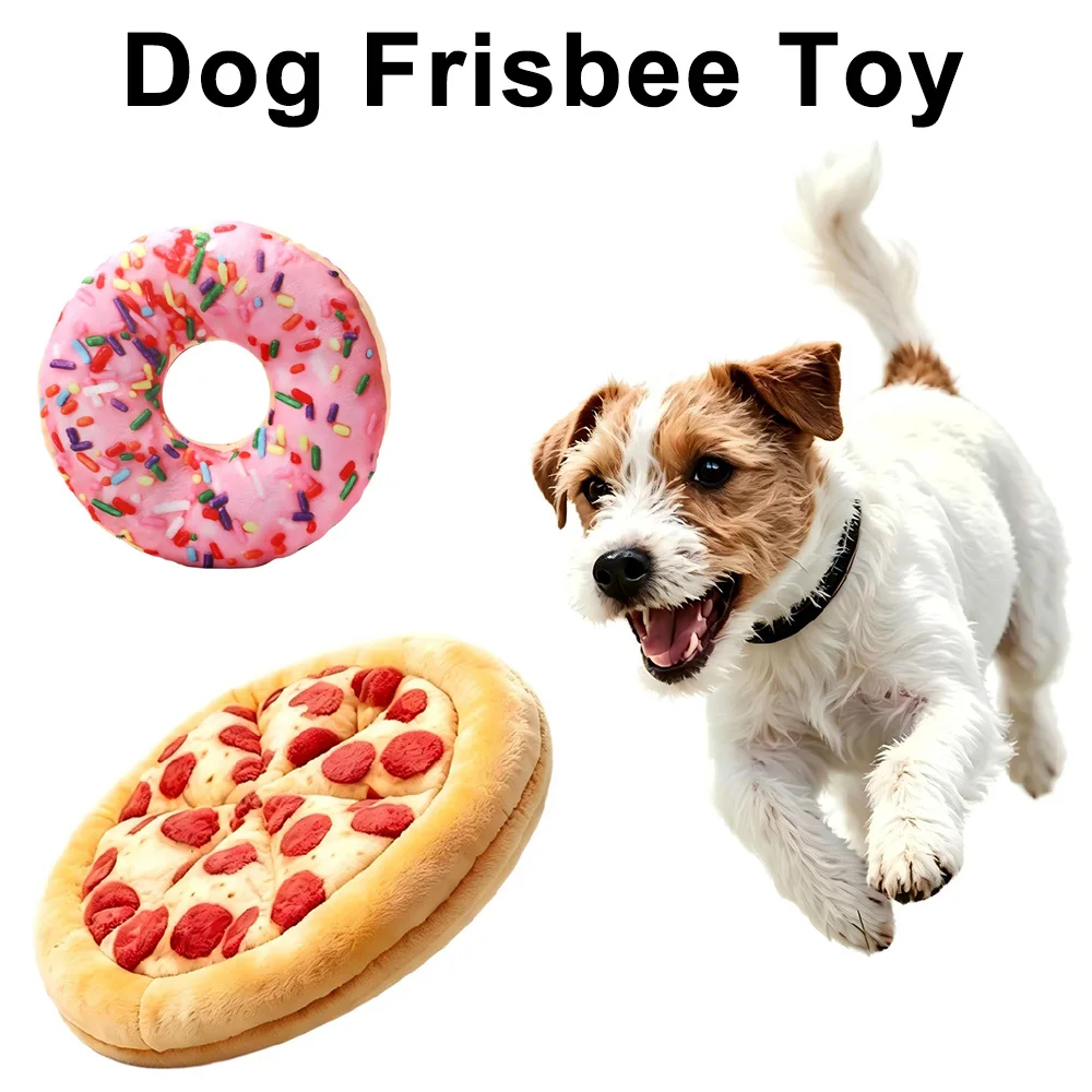 Plush Dog Toy Doughnut Pizza Shape Squeaky Chew Interactive Boredom Buster Energy Burner Teeth Clean for Small Large Dogs Puppy