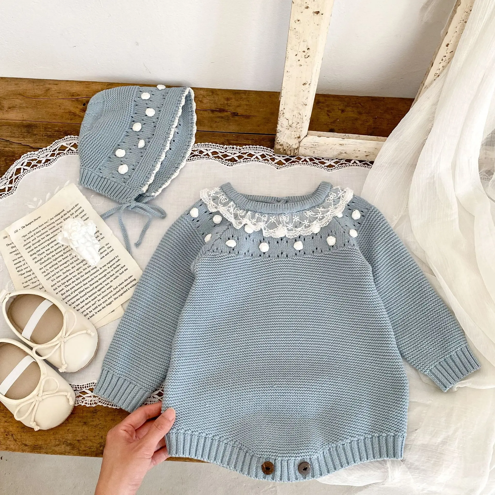 0-24M Baby Mädchen Strampler Stricken Neue Neugeborenen Spitze Warme Lange Hülse Overall Infant Prinzessin Party Strampler Kleinkind herbst Frühling Kleidung – Detail 3