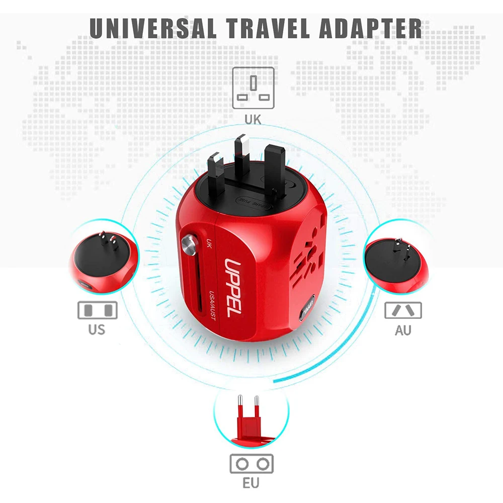 UPPEL Adaptor Travel Universal US/UK/AU/EU Konverter Beberapa Plug Cepat QC3.0 Tipe C Pengisi Daya USB 3 Port Adaptor Daya Eropa