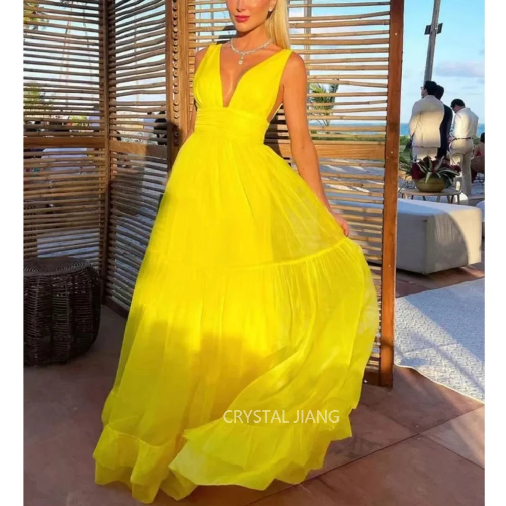 

Classy Long Yellow V Neck Tulle Evening Dresses Sleeveless A Line Floor Length Vestidos De Fiesta Elegantes 2024