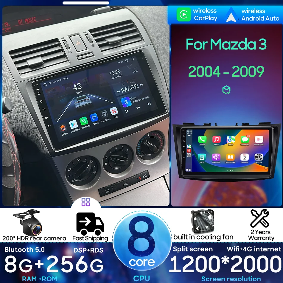 

Автомобильный стерео мультимедийный видеоплеер Android, головное устройство для Mazda 3 2009-2013, беспроводной CarPlay, авто Wi-Fi BT 2 DIN, GPS-навигация