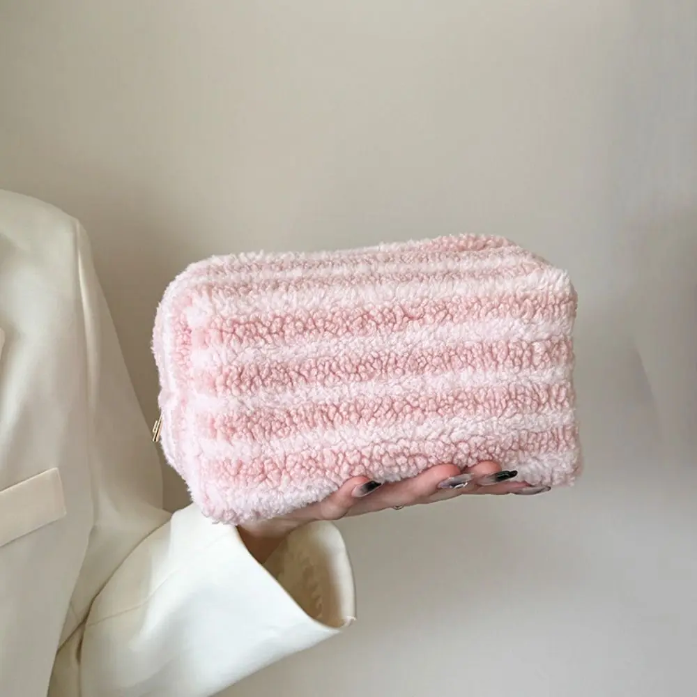 

Soft Material Plush Makeup Bag Clutch Style Cute Design Portable Organizer Stripe High-capacity Cute Clutch Pouch