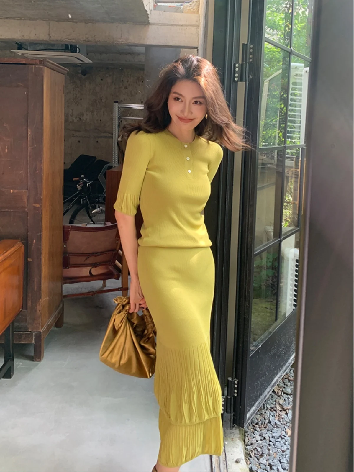 

Dragon Joy Ele Slimming Anti-Aging Women's Faion Set Summer Cotton Blend U470 Two-Piece Skirt And Top Ensemble