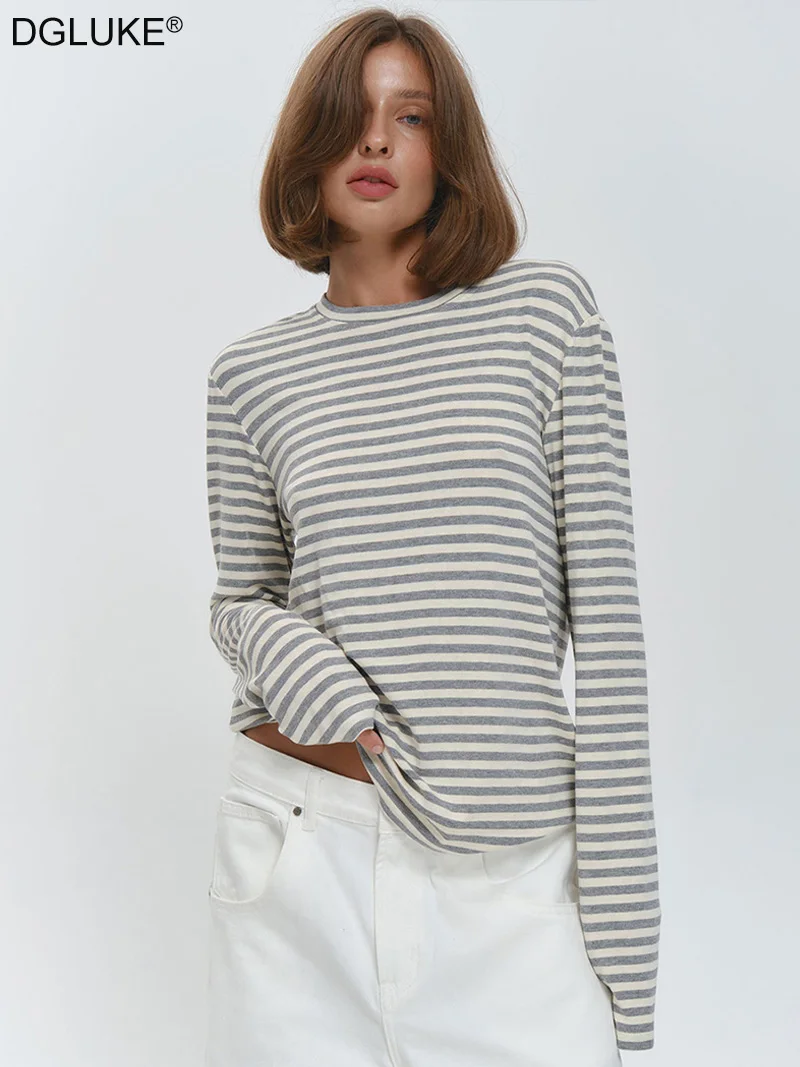 

DGLUKE Striped Long Sleeve T-shirt For Women Spring Autumn Cotton T-shirts Casual Basic Tee Shirts Graphic