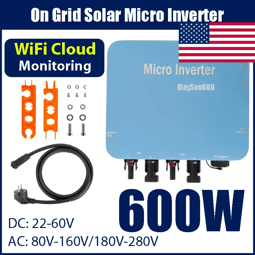 600W On Grid Solar Micro Inverter Waterproof With Connector WIFI Cloud Monitor Phone APP 220V/110V120V AC PV Panels 60V US Cable