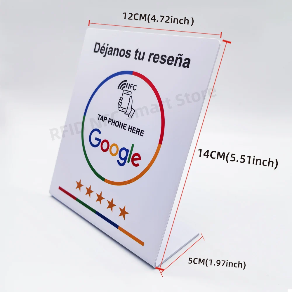 Kartu ulasan Google yang dapat diprogram 13.56Mhz meja stasiun NFC dekorasi Janos tu resegri tampilan kartu bengkok braket merek berdiri