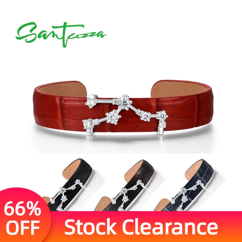 

SANTUZZA 925 Sterling Silver Bracelet Bangle for Women Adjustable Red/Black/Blue/Brown Leather Taurus Constellation Fine Jewelry