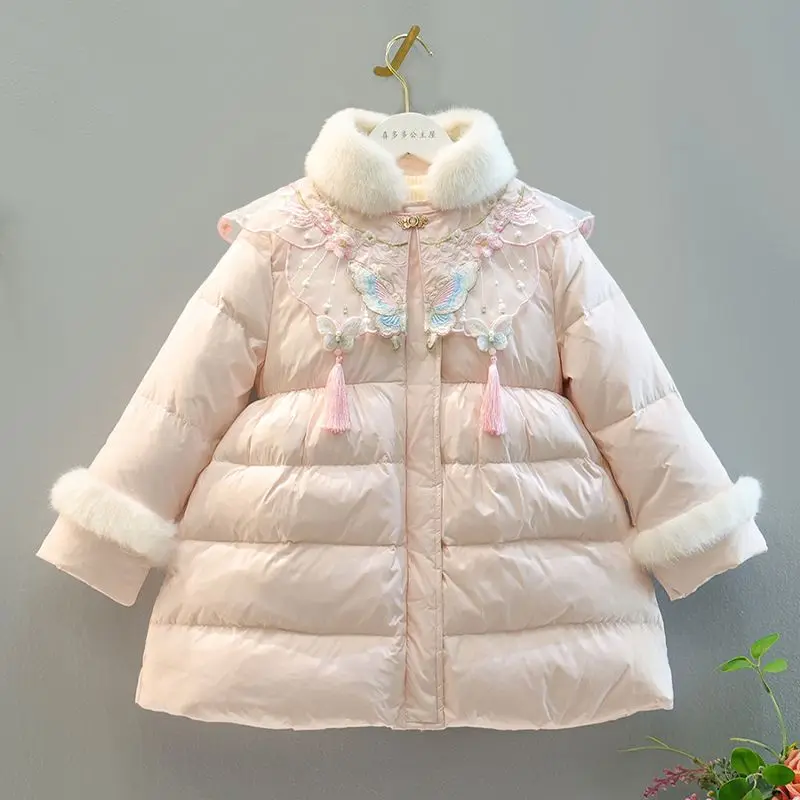 

Winter Childent Pink Princess Coat Warm Cotton Girls Thick Jacket Casual Artificial fur Clothing Embroidered Flowers Outwear