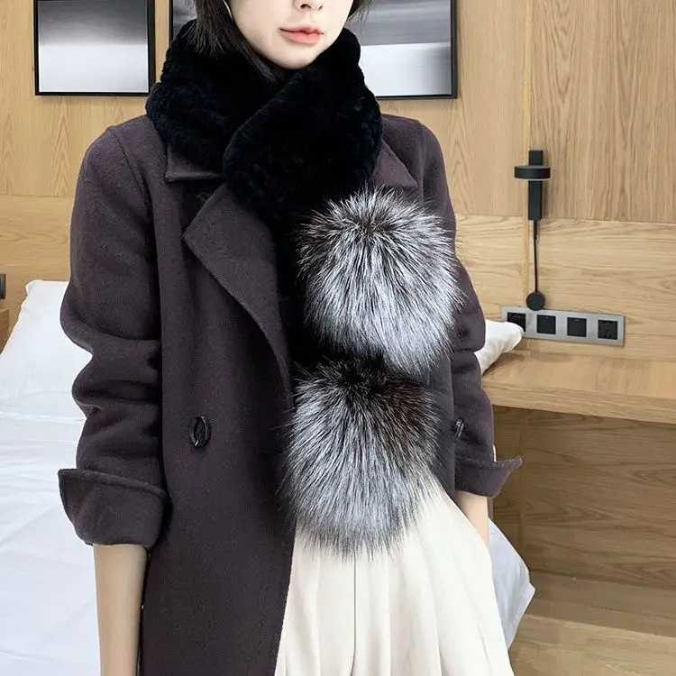 New Women Fur Winter Scarf Short Thick Plush Fluffy Cute Scarf with Big Pompom Winter Fur Collar Solid Color Neckerchief E2976