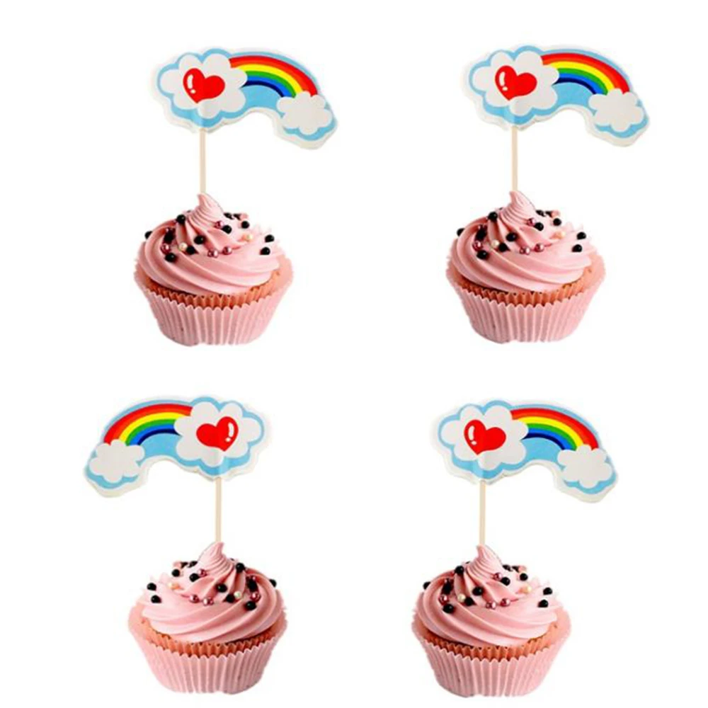 24pcs/lot Rainbow Theme Cake Decorations Cake Topper Kids Girls Birthday Party Supplies Baby Shower Gift Cupcake Picks