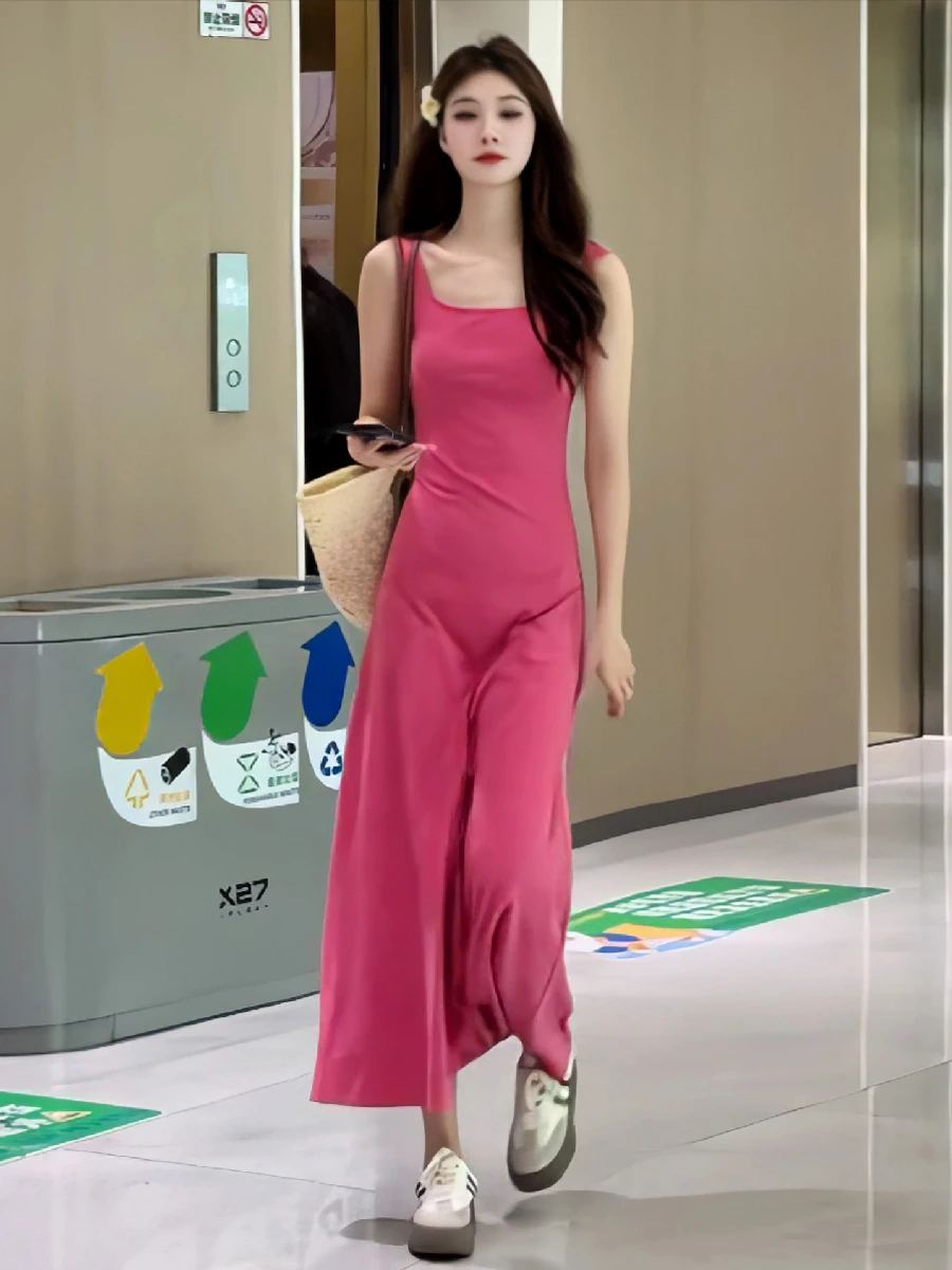 Dopne Chic Farbe Quadrat Kragen Svel Weste Dr Frauen Sommer Neue Sle Abnehmen Lange Dr Casual Hohe Taille