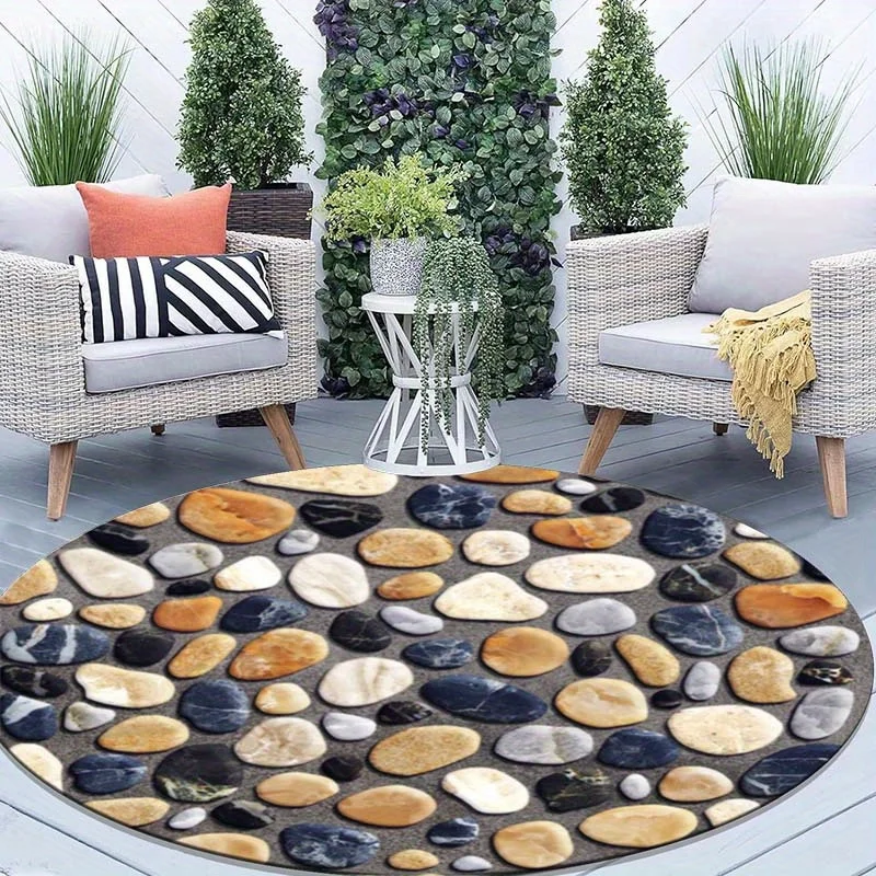 Stone Pebble Round Rug – Natural Rock Texture Non-Slip Area Carpet for Indoor Outdoor Garden Home Decor