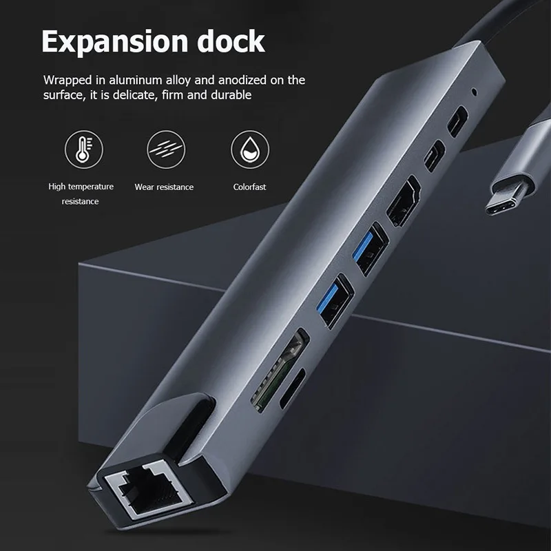 8 IN 1/6 IN 1 Hub Converter Adapter Type-C to 4K HDMI USB3.0 RJ45 SD/TF USB-C PD100W Docking station