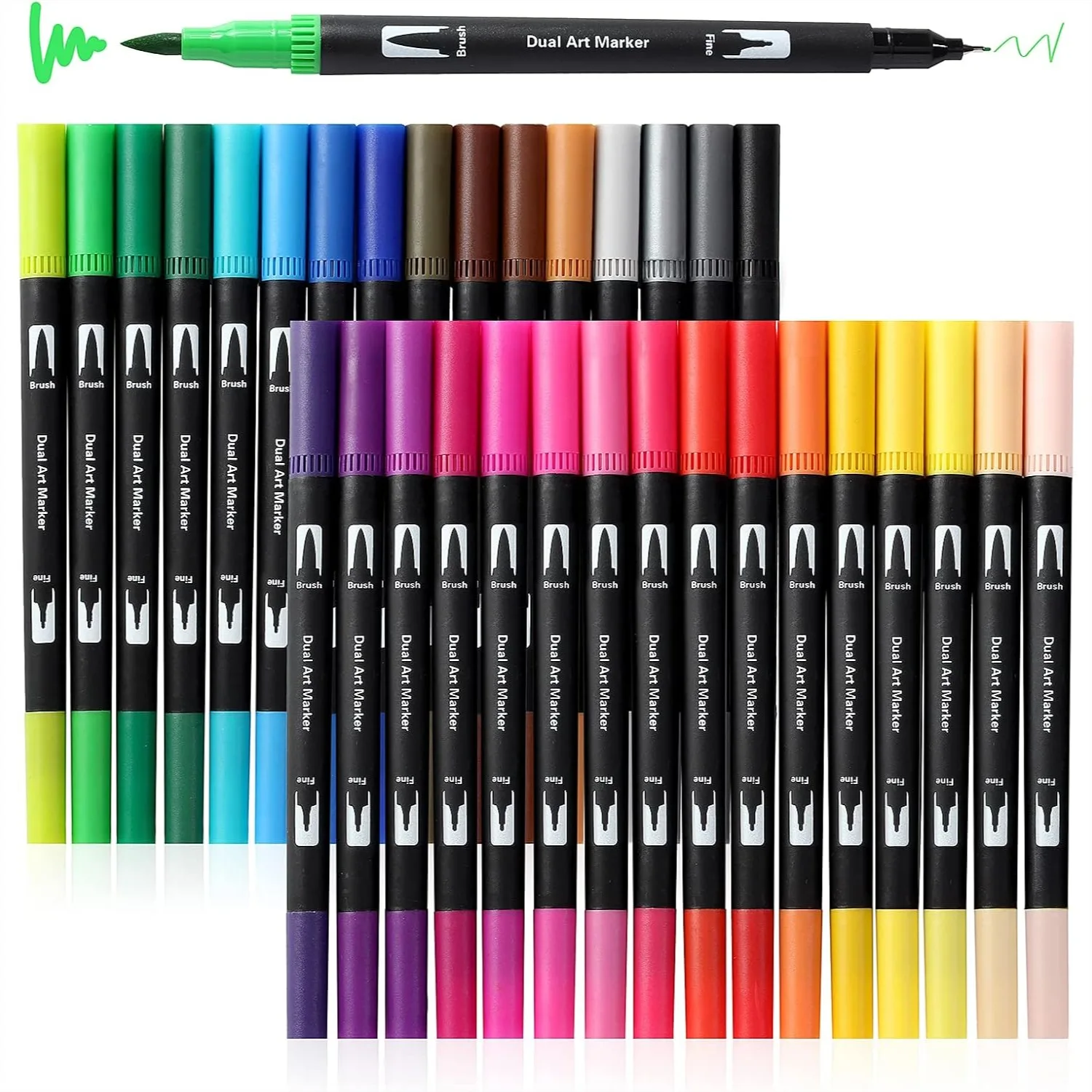 

32 Dual Tip Art Markers Pens Set For Adult Coloring Books No Bleeding Fine Point Brush Pen For Drawing Journaling Planner