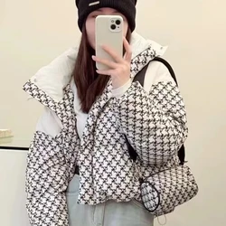 Women's Short Winter Coat with Satchel, Hooded Coats, Thick Warm Padded Parka, Fashion Patchwork Down Jacket, Female