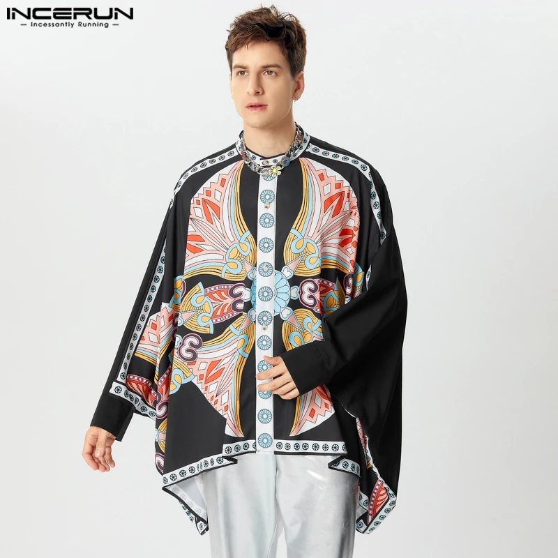 INCERUN Tops 2024 American Style Men's Fashion Floral Print Batwing Sleeve Shirts Casual Clubwear Male Loose Long Sleeved Blouse