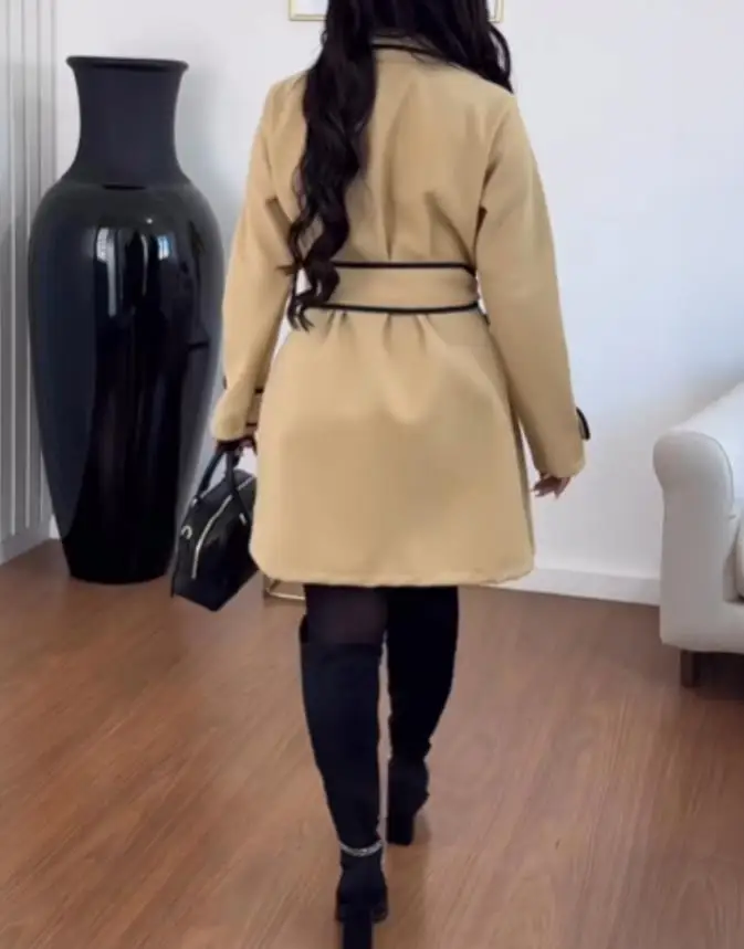 Lapel Long Sleeved Casual Lapel Detail Lace Up Jacket Winter New Fashion Contrasting Splicing Long Sleeved Slim Lace Up Jacket