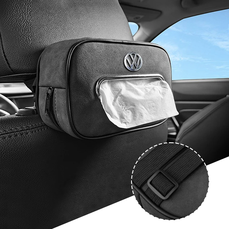 Suede Car Interior Tissue Box Seat Back Hanging Bag Metal Logo For VW GTI Polo Golf Passat Tiguan Arteon Touareg Taigo Caddy GTD