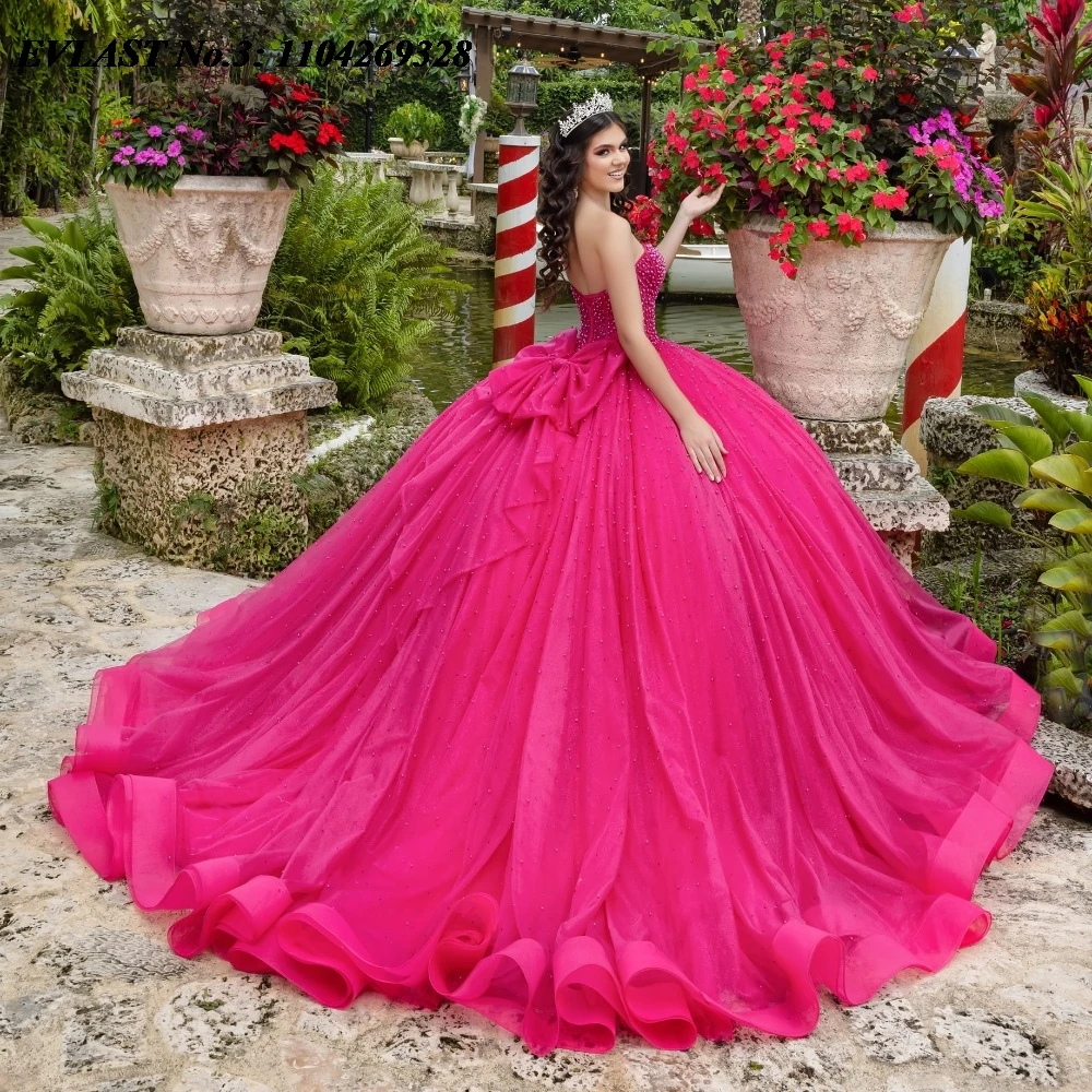 EVLAST ที่กําหนดเองเม็กซิโกสีขาว Quinceanera Ball Gown Applique คริสตัลลูกปัดโบว์รัดตัวหวาน 16 Vestido De 15 Anos E3Q244