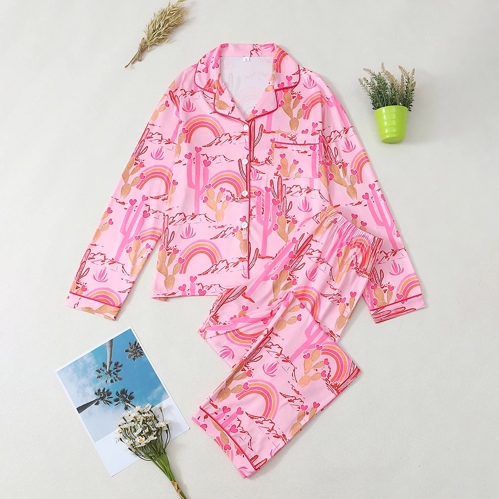 

2Pcs Fashion New Loungewear For Women Pink Long Sleeve Button up Shirt Long Pants Set Comfortable Breathable Casual Sleepwear