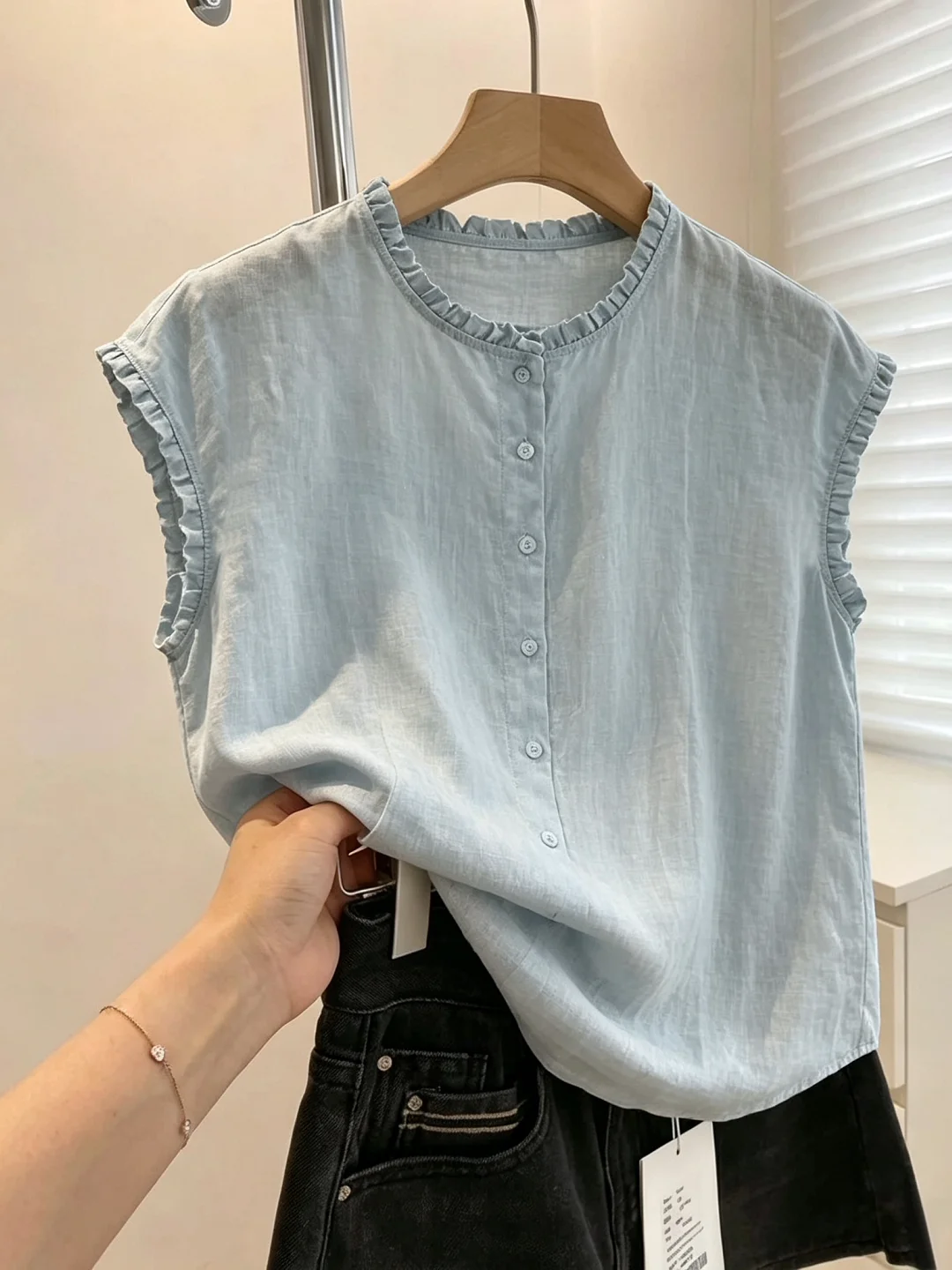 Retro Summer Shirt Wooden  Single Button Short Sleeve Large Size Elegant Atmosphere Casual Loose Fit Breathable Women's Top