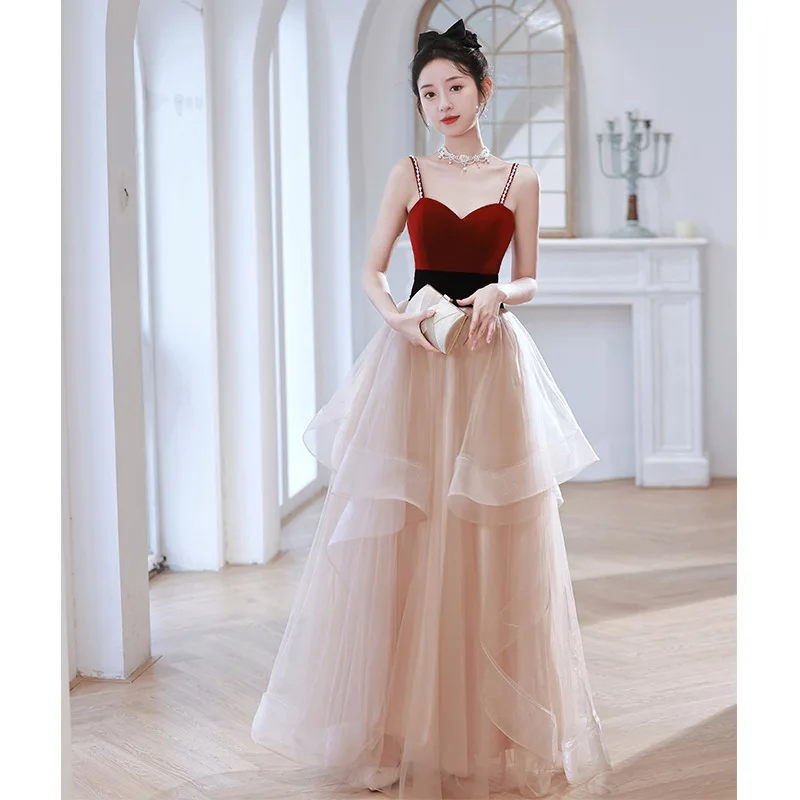 Red Patchwork Suspender Evening Dress Women V-Neck Backless Tulle Homecoming Dresses Exquisite Elegant Modern Prom Gown