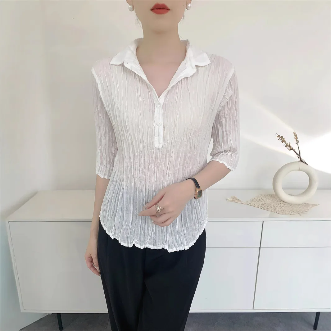 Miyake Handmade Messy Pleated Hundred Koszula damska Średnie rękawy Slim Temperament Solidna cienka koszula Design 2025 Lato Nowość