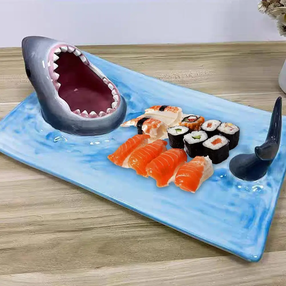 Ceramic Sushi Plate Shark Shape Rectangle Cheese Board Dining Table Kitchen Decoration