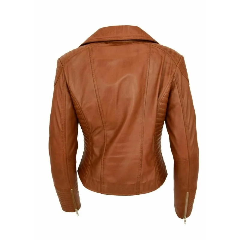 URBAN Women's Sheepskin Leather Jacket Brown Designer Slim Fit Biker Zipper Coat