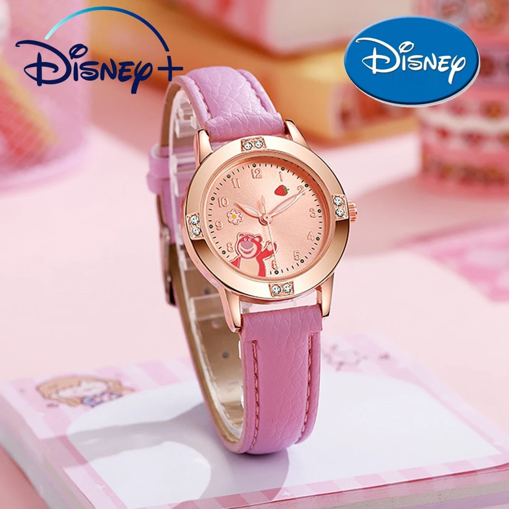 Детские часы Disney, детские кожаные ремешки с бриллиантами Kawaii Lotso Huggin, часы с медведем для девочек, кварцевые часы высокого качества, подарки